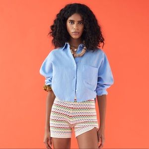 Zara Blue Linen Cropped Shirt